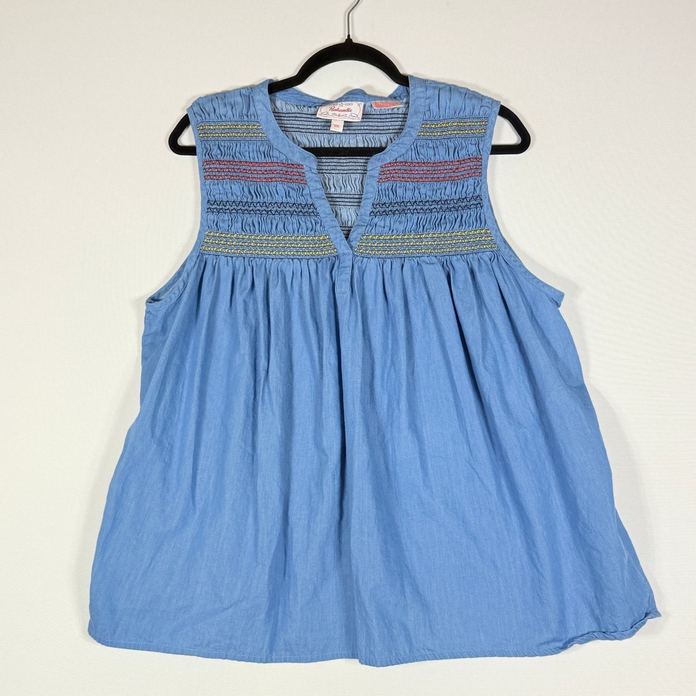 Panhandle Women XXL Blue Smocked Embroidered V-Neck Sleeveless Top Western Rodeo